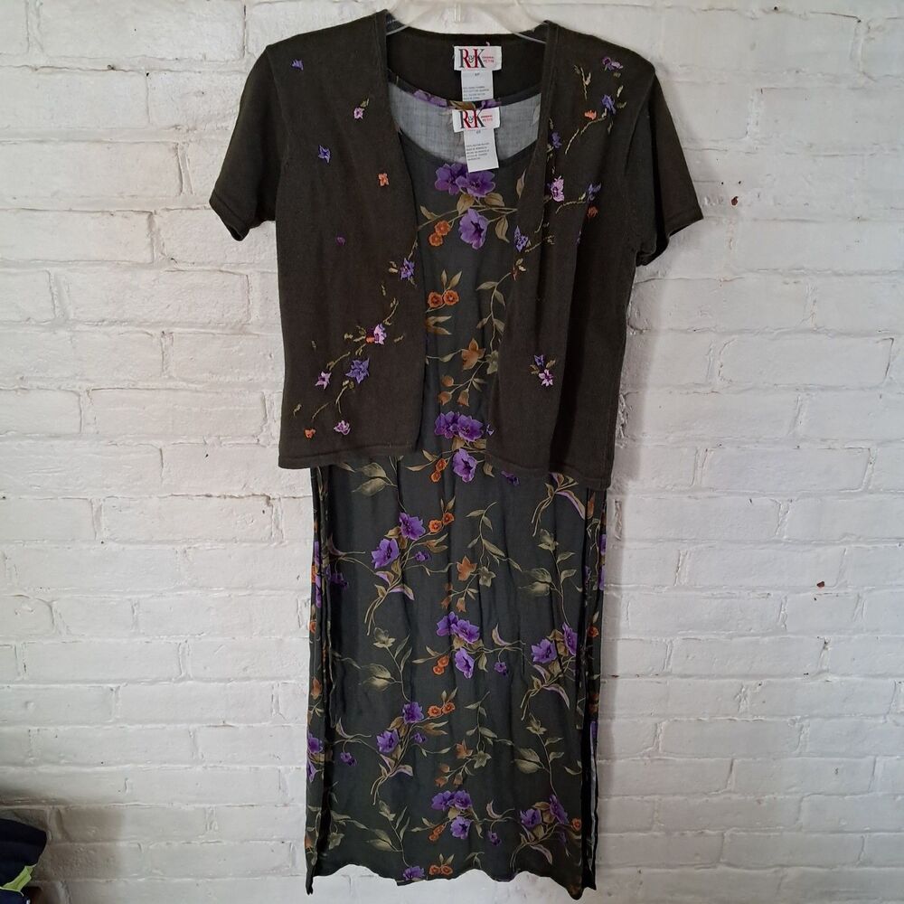 R&K Sleeveless Midi Dress Green Purple Floral, Short Sleeve Knit Cardigan VTG 6P
